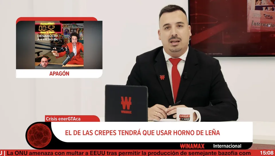 Presentador de Ganar y Más en el plató con el rótulo «Crisis enerGTAca» y el titular «El de las crepes tendrá que usar horno de leña»