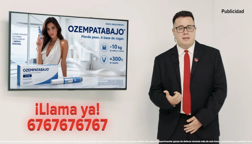 Anuncio parodia de Ozempatabajo en Ganar y Más: presentador junto a una pantalla con el falso medicamento y el rótulo «¡Llama ya!»