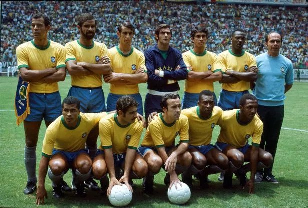 Brazil's 1970 squad. Front, left to right: Jairzinho, Rivelino, Tostão, Pelé and Paulo César.