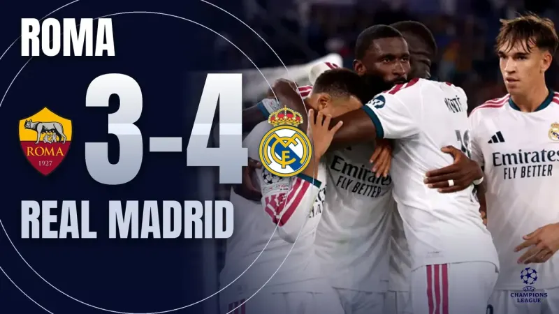 Marcador Roma 3-4 Real Madrid con los escudos de los dos equipos y los jugadores del Madrid celebrando la remontada en el Olímpico