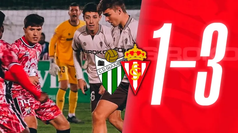 Jugadores del Guijuelo y del Sporting en el Municipal Luis Ramos con el marcador 1-3 de la Copa del Rey