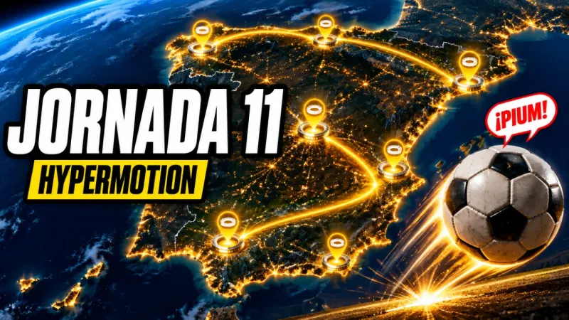 Mapa de España de noche con los estadios de la jornada 11 de la Liga Hypermotion iluminados y un balón entrando en escena