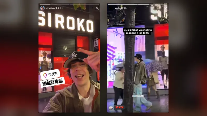 El Rubius señalando el letrero de la tienda de Siroko en Gijón, junto a la story de Siroko con su visita